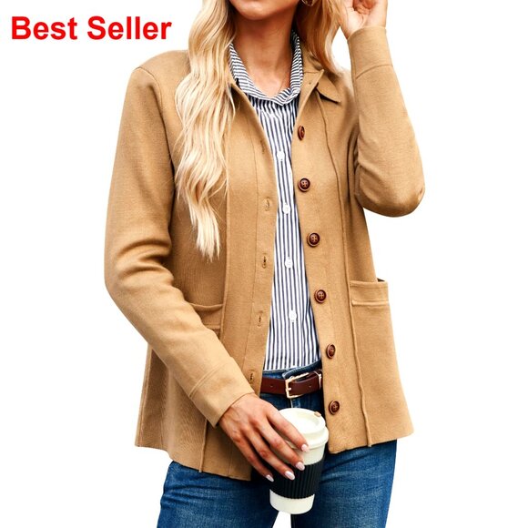 Soft Knit Cardigan Blazer with Pockets Long Sleeve Button Down Jacket